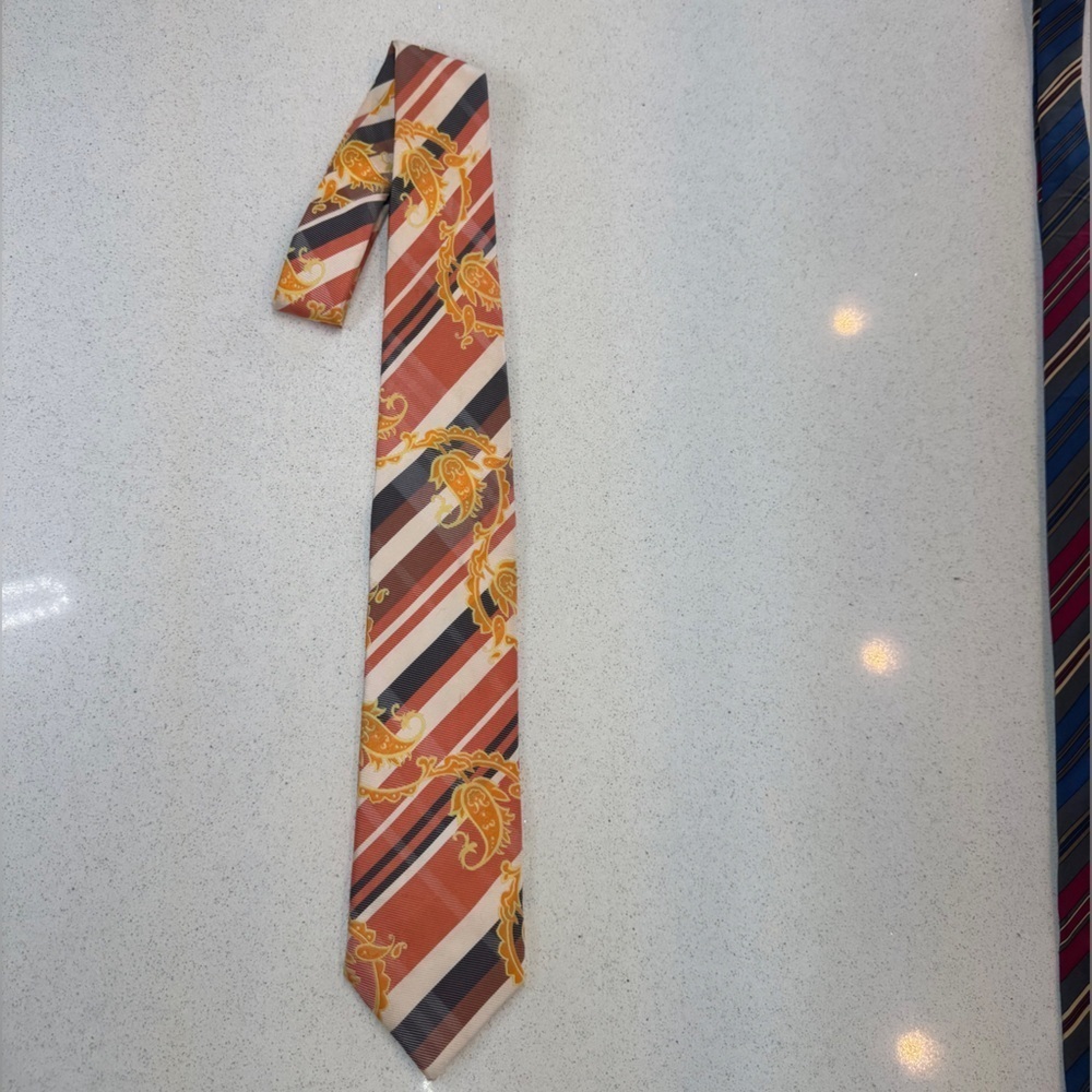 Henri Picard Vintage Classic Orange and Gold Diagonal Striped Paisley XL Tie